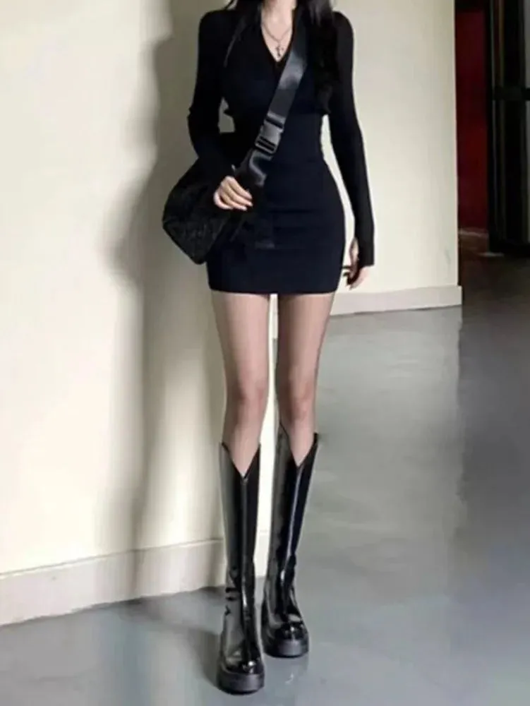 Korean Style Kpop Knit Knitted Bodycon Dress Mini Casual High Street Long Sleeve Wtap Slim Short Dresses Autumn