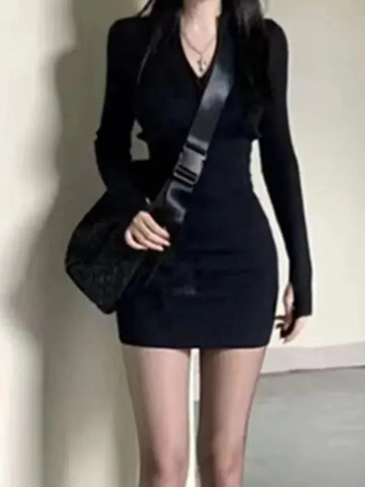 Korean Style Kpop Knit Knitted Bodycon Dress Mini Casual High Street Long Sleeve Wtap Slim Short Dresses Autumn