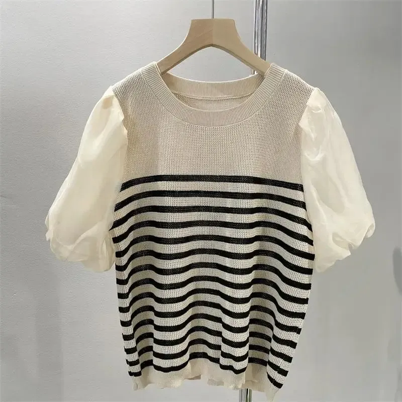 Lantern Short Sleeve Shirt For Women's Summer New Vintage Striped Blouse Tops Female B-085