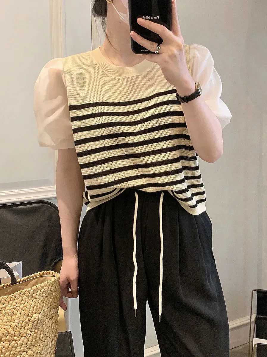 Lantern Short Sleeve Shirt For Women's Summer New Vintage Striped Blouse Tops Female B-085