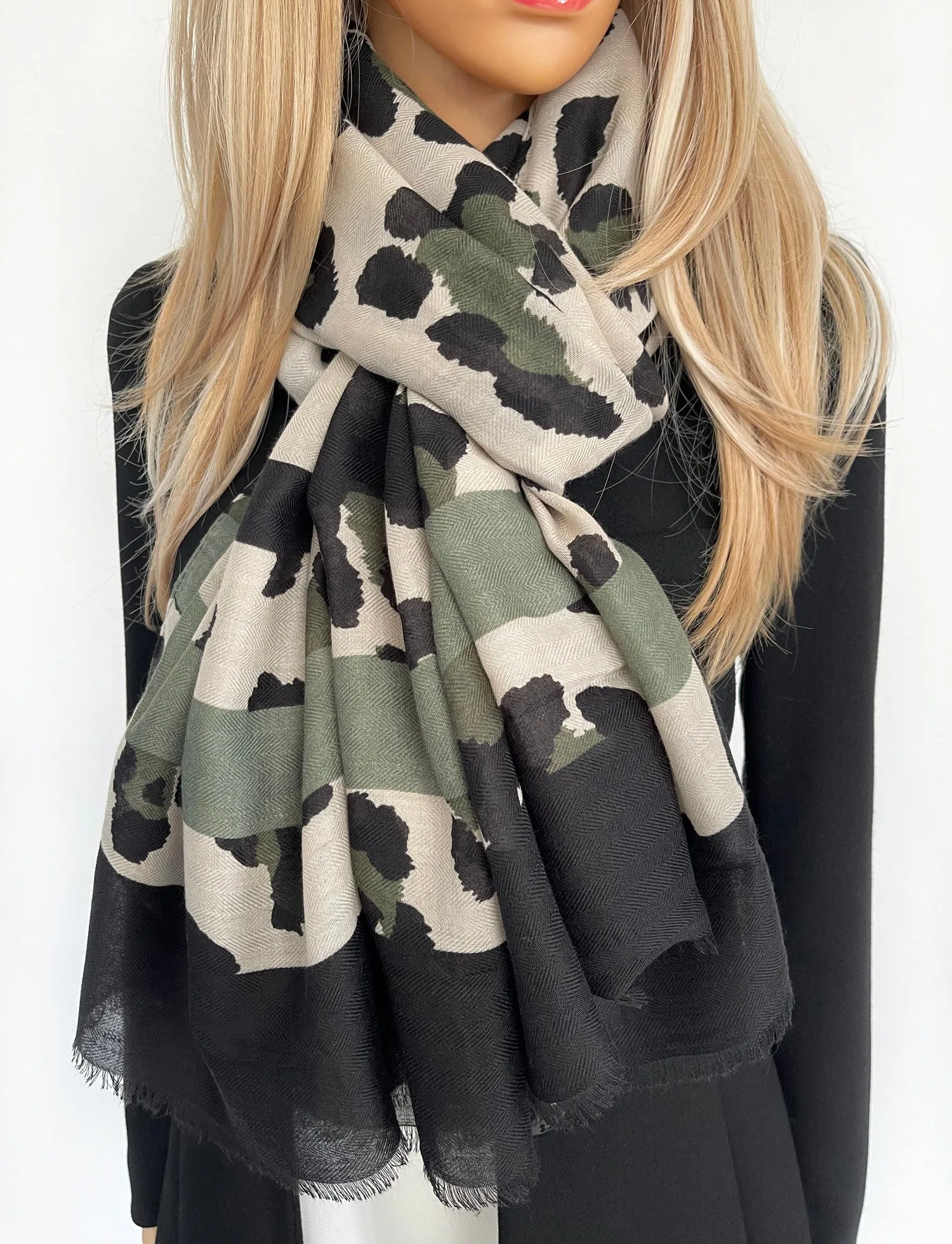 LARGE OLIVE RETRO LEOPARD PRINT SCARF