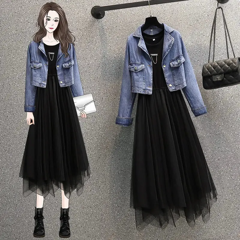 Large Size Spring and Autumn Women's Suit 2023 New Style Waist Tight, Slim, Aging, Western Style Denim Coat Dress Two-piece Set