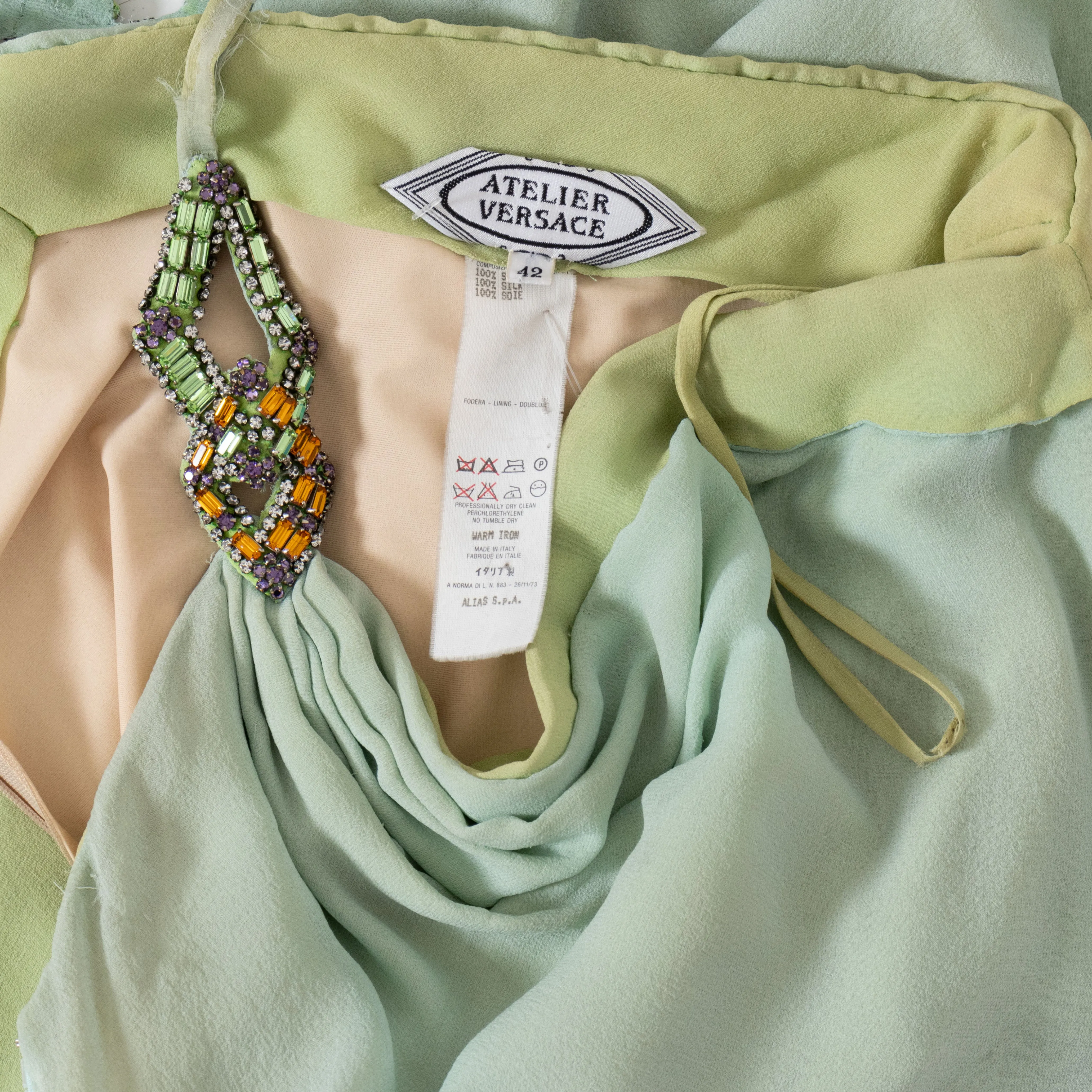 Late 1980s Green Crystal and Silk One Shoulder Dress