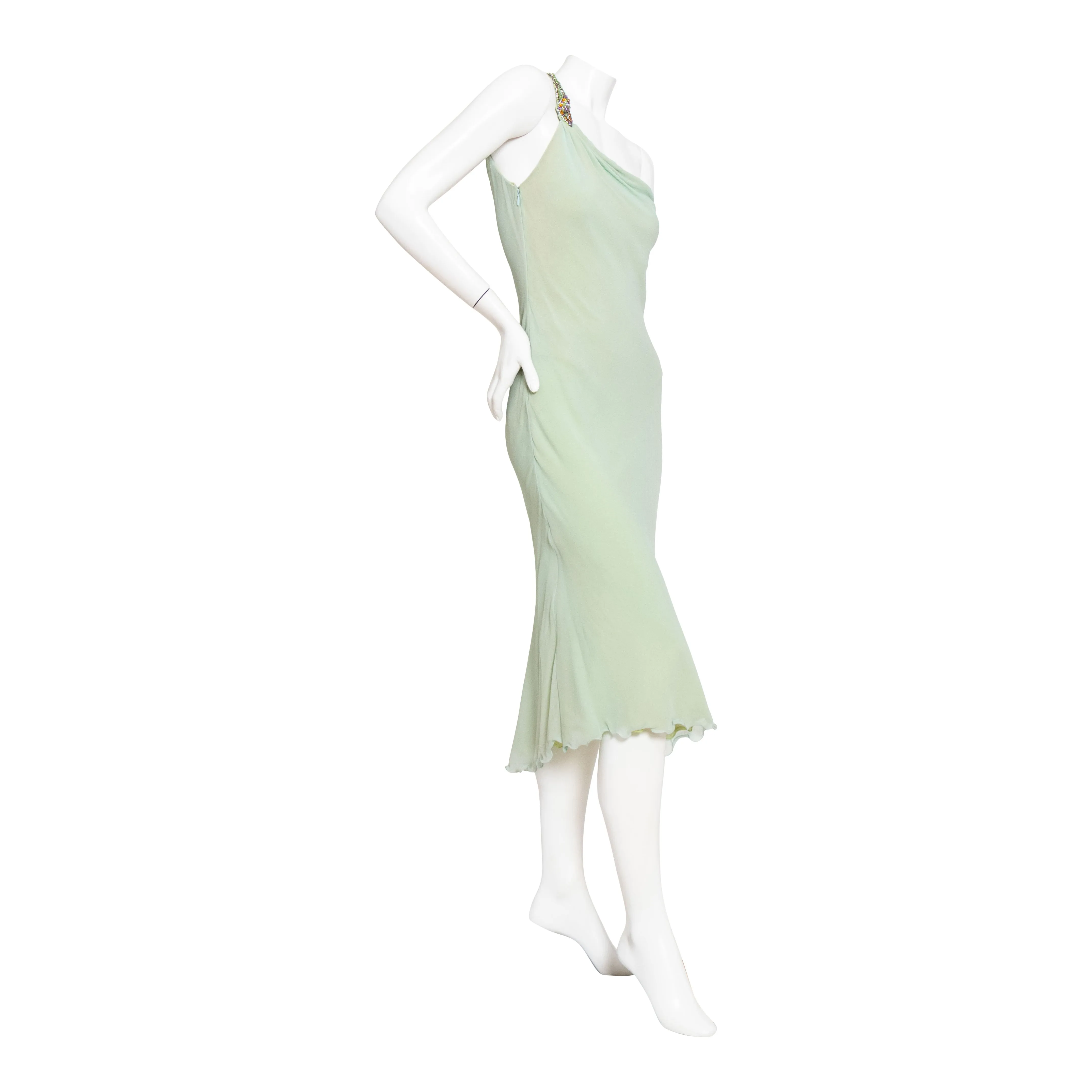 Late 1980s Green Crystal and Silk One Shoulder Dress