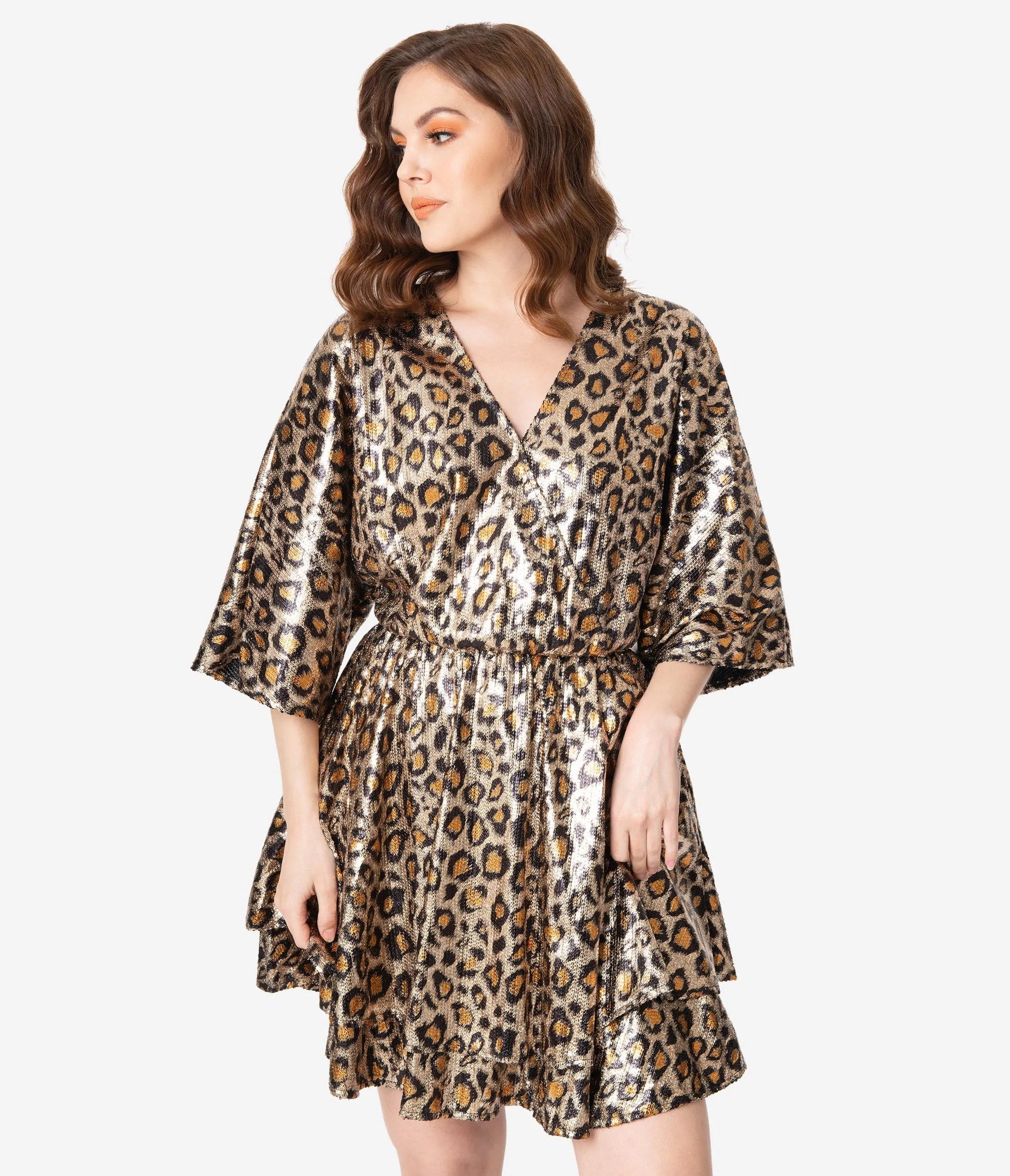 Leopard Print Metallic Kimono Sleeve Dress