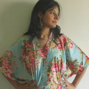 Light Blue Floral Rosy Red Posy V-Neck Button Down to Waist, Ankle Length, Cinched Waist Caftan