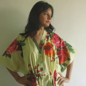 Light Yellow Large Floral Blossom V-Neck Button Down to Waist, Ankle Length, Cinched Waist Caftan