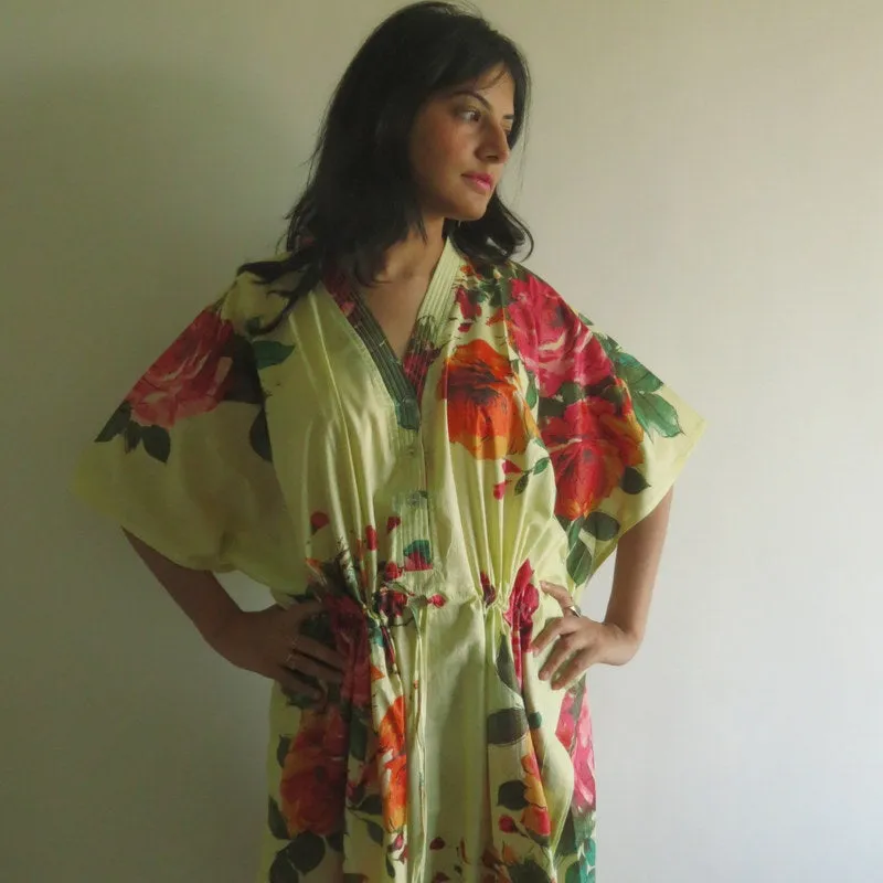 Light Yellow Large Floral Blossom V-Neck Button Down to Waist, Ankle Length, Cinched Waist Caftan