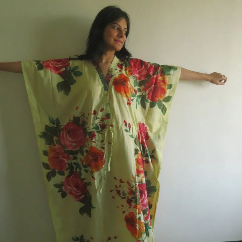 Light Yellow Large Floral Blossom V-Neck Button Down to Waist, Ankle Length, Cinched Waist Caftan