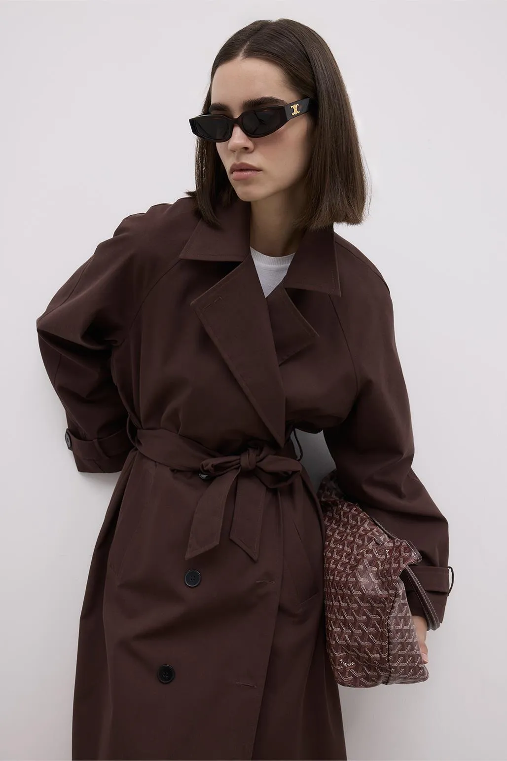 Long Trench Coat with Epaulettes Brown