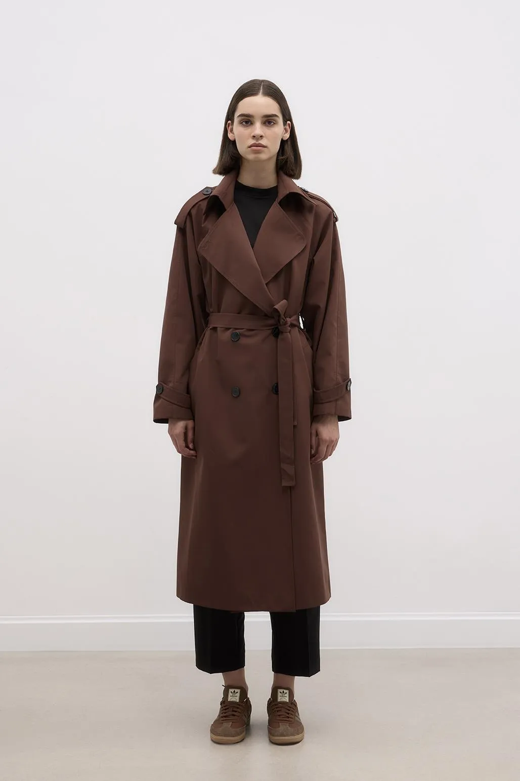 Long Trench Coat with Epaulettes Brown