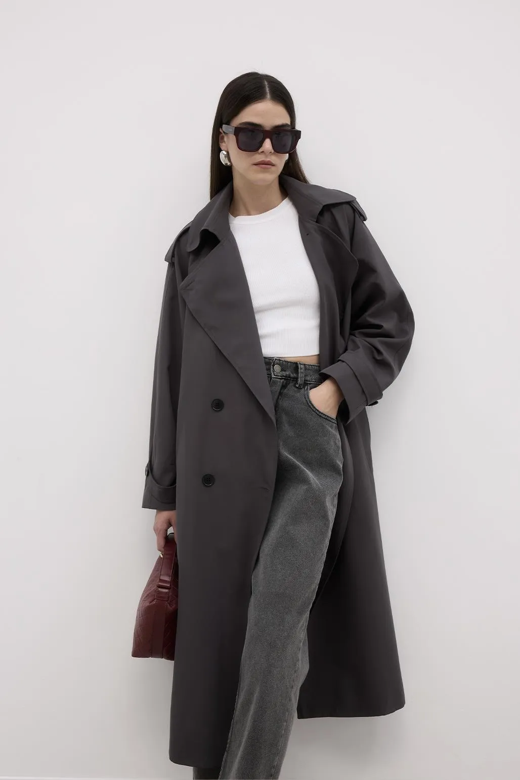 Long Trench Coat with Epaulettes Smoked