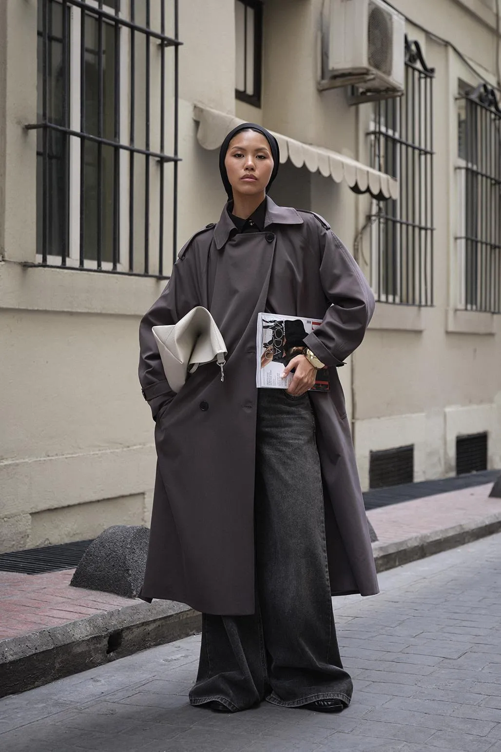 Long Trench Coat with Epaulettes Smoked