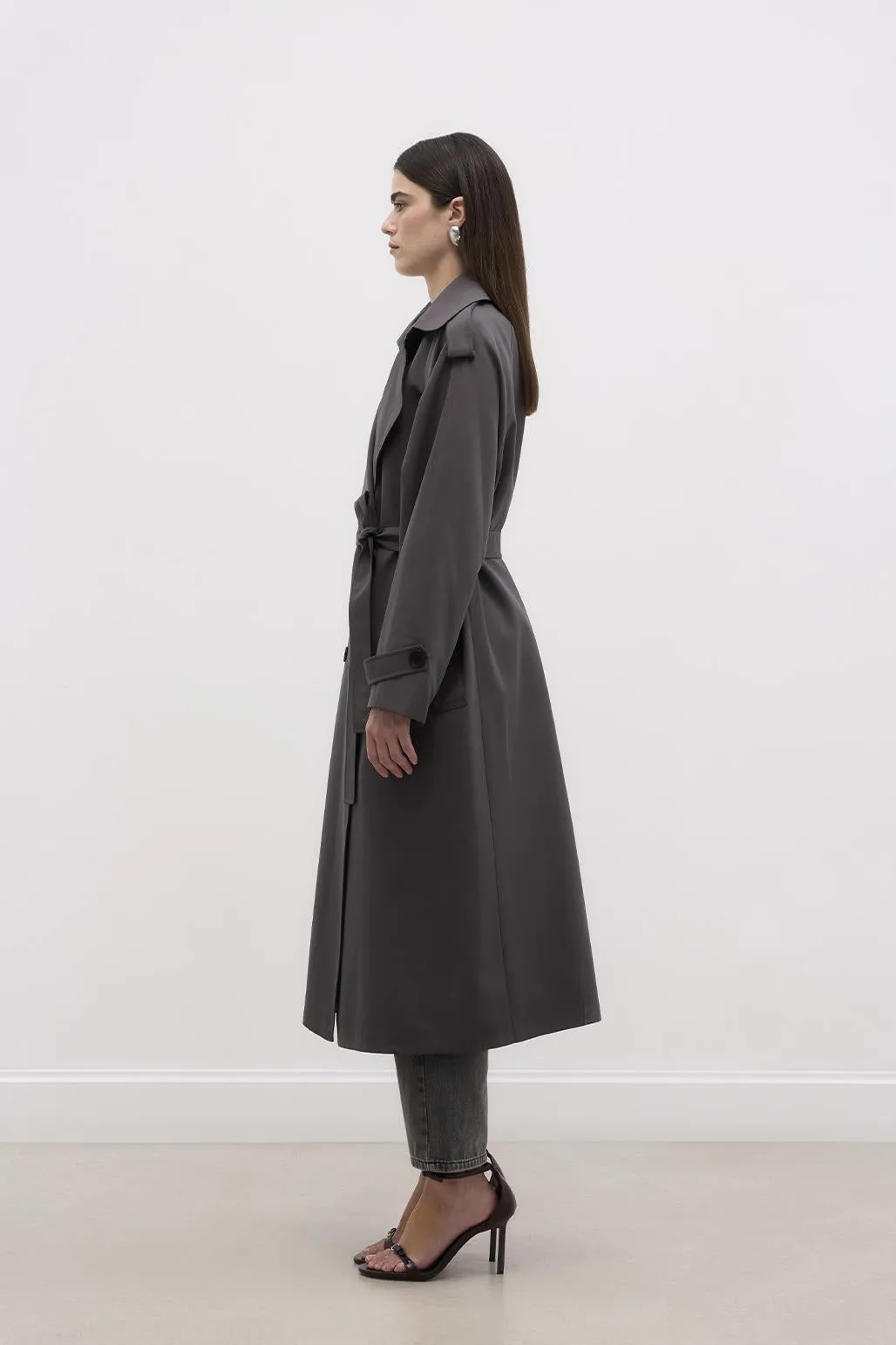 Long Trench Coat with Epaulettes Smoked