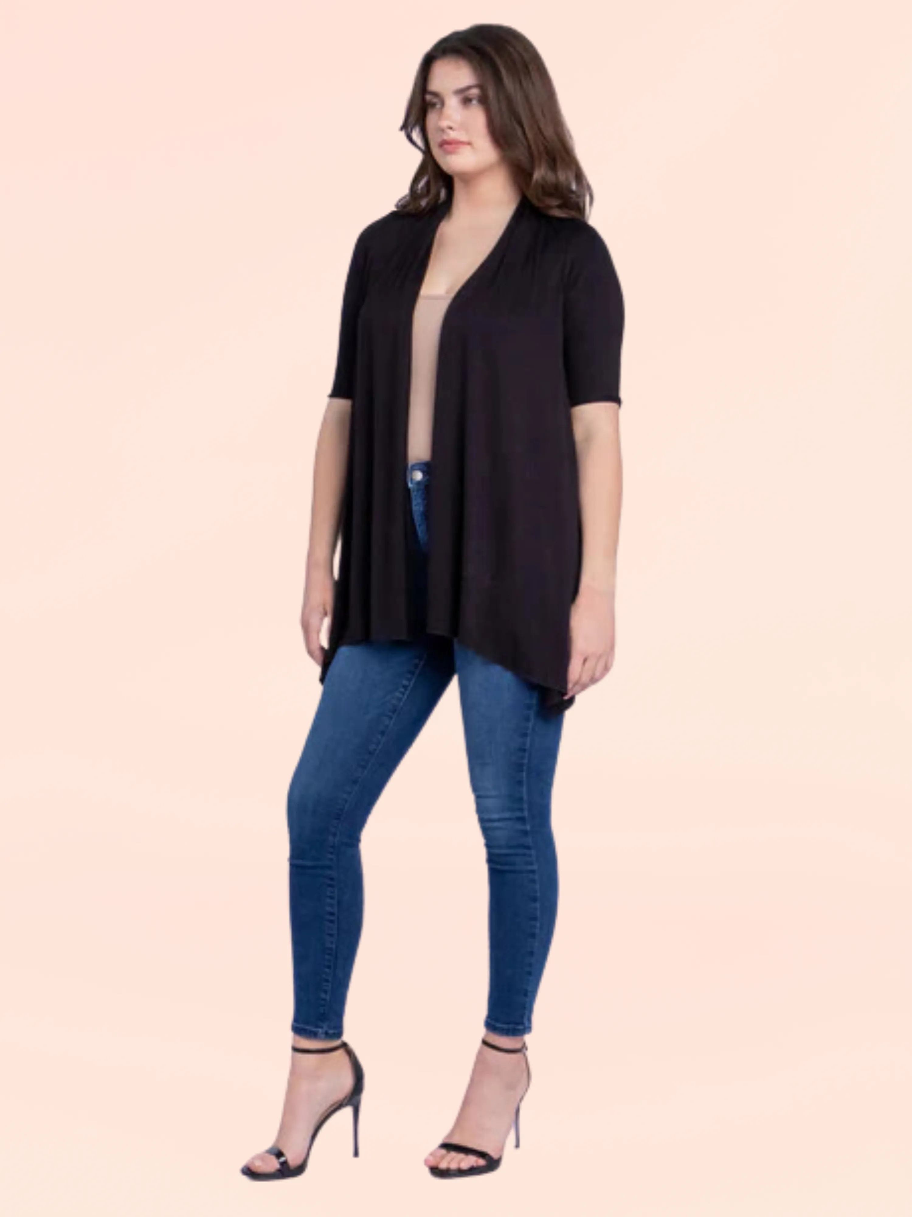 Loose Fit Open Front Cardigan with Half Sleeve