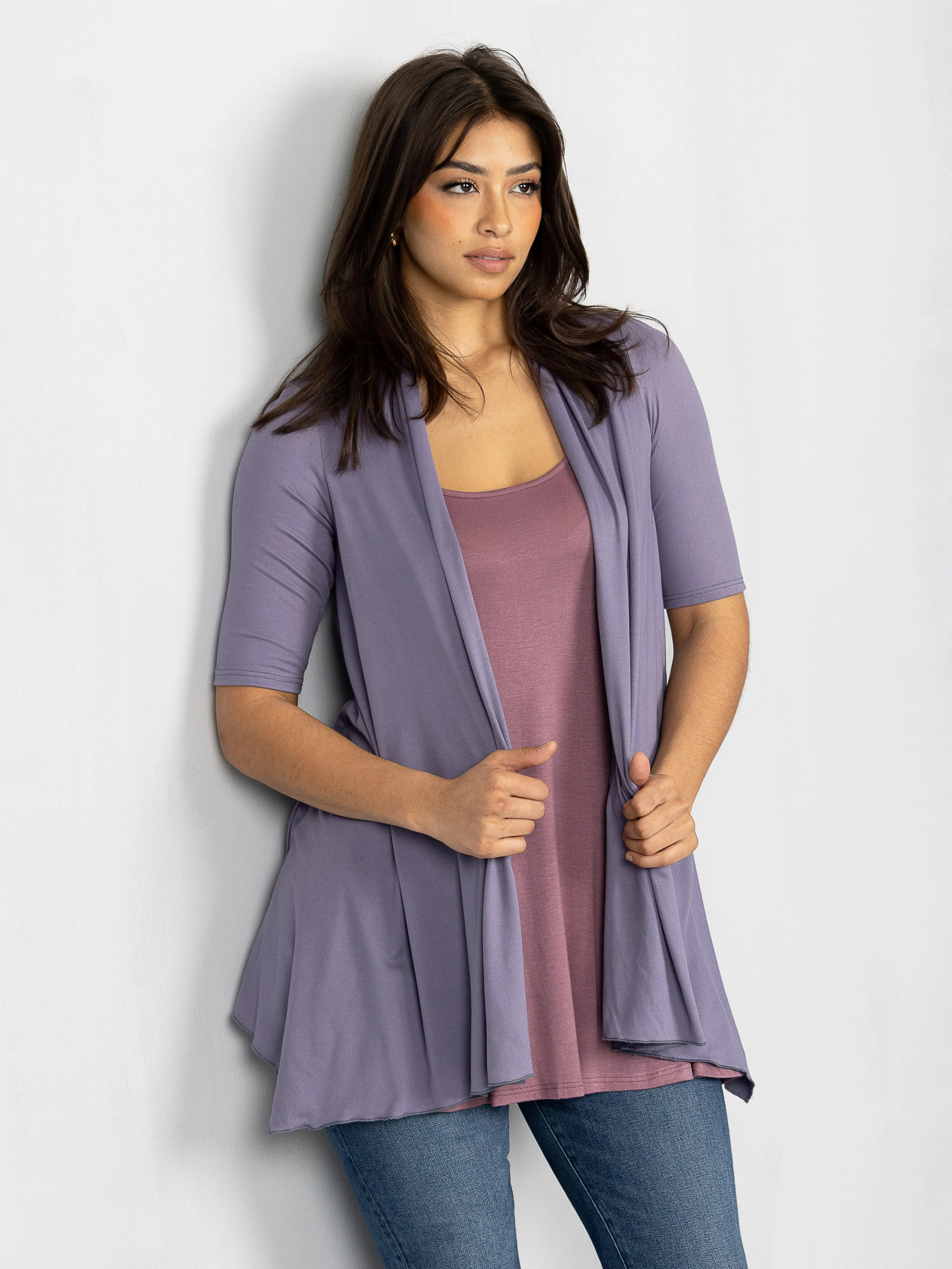 Loose Fit Open Front Cardigan with Half Sleeve