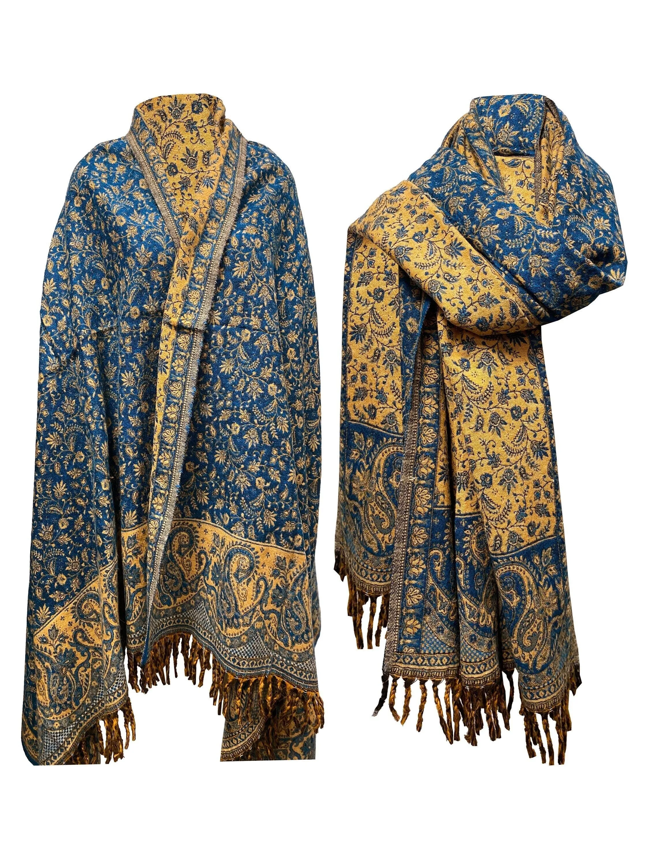 LUXURY HANDMADE  Blue Beige Floral Scarf Yak Wool yoga blanket stole unisex Travel Wrap Meditation Soft Shawl special Gift for her