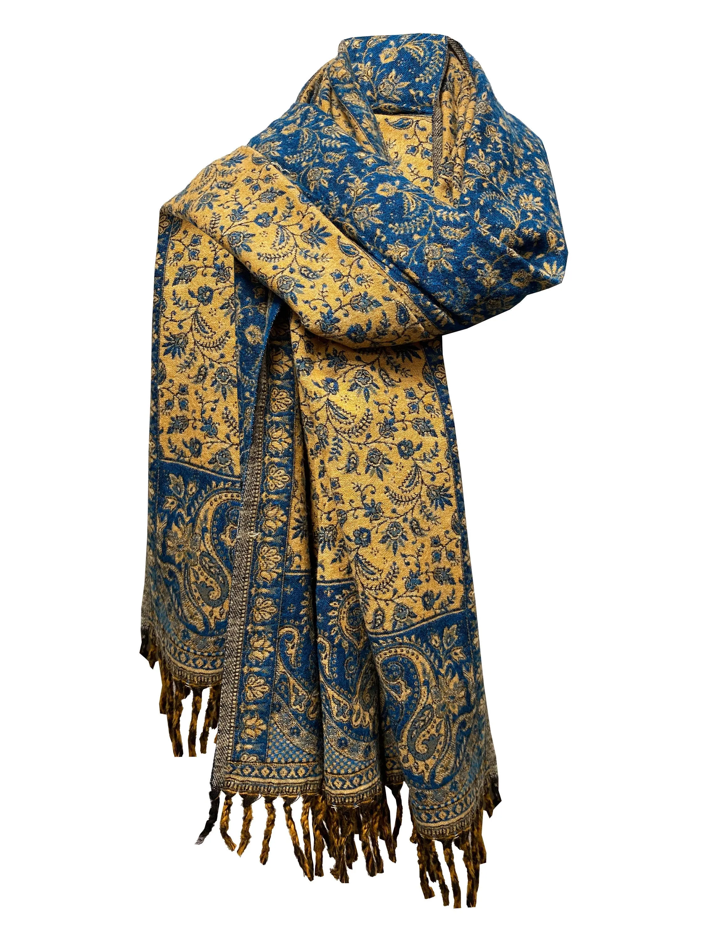 LUXURY HANDMADE  Blue Beige Floral Scarf Yak Wool yoga blanket stole unisex Travel Wrap Meditation Soft Shawl special Gift for her