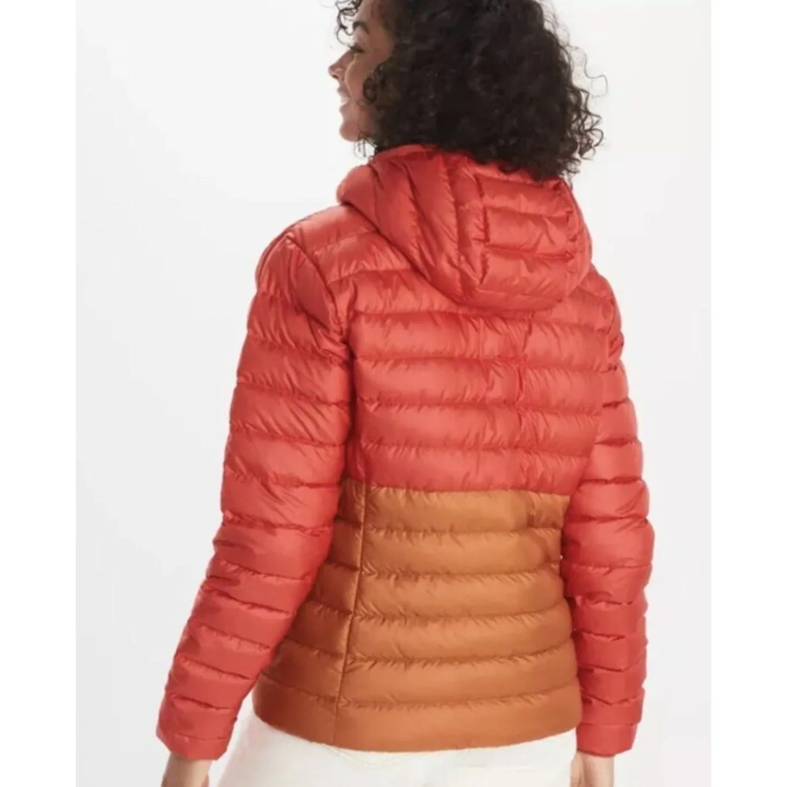 MARMOT Women's Highlander Down Puffer Jacket XL Red Gold Hood Coat 700 Fill NWT