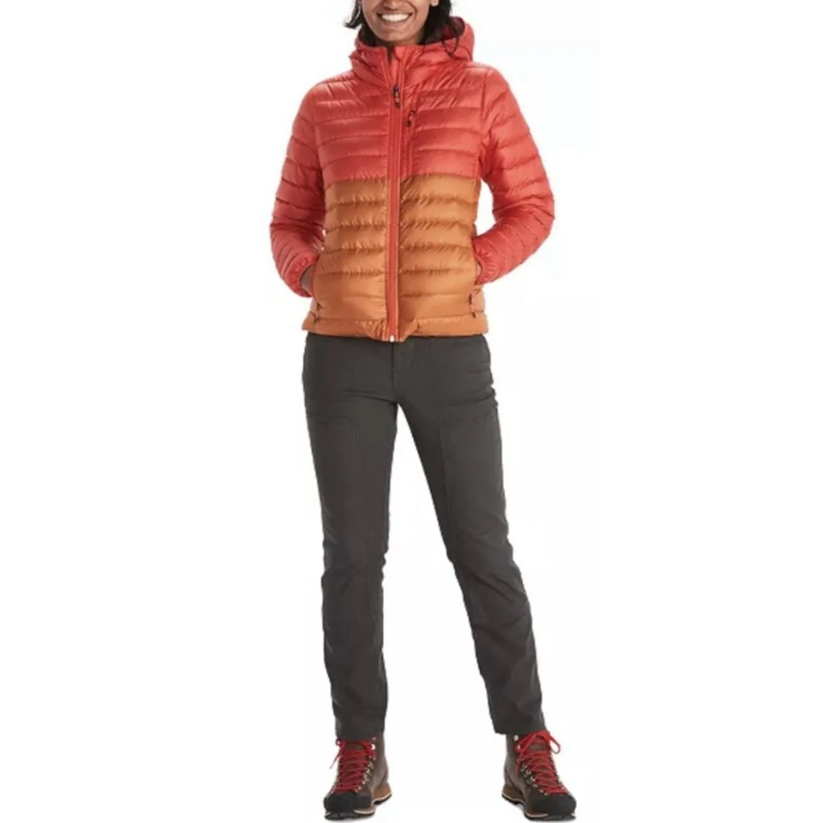 MARMOT Women's Highlander Down Puffer Jacket XL Red Gold Hood Coat 700 Fill NWT