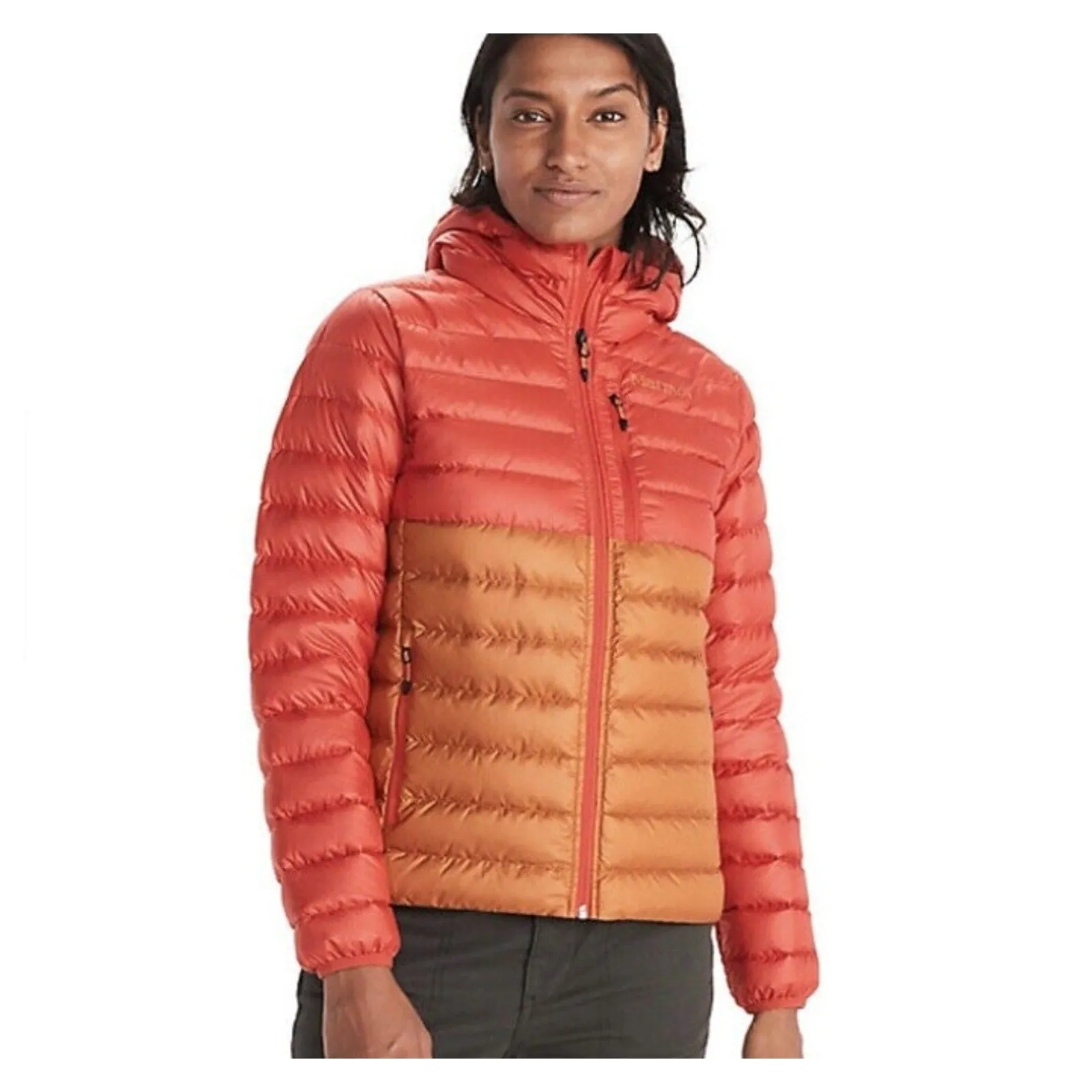 MARMOT Women's Highlander Down Puffer Jacket XL Red Gold Hood Coat 700 Fill NWT