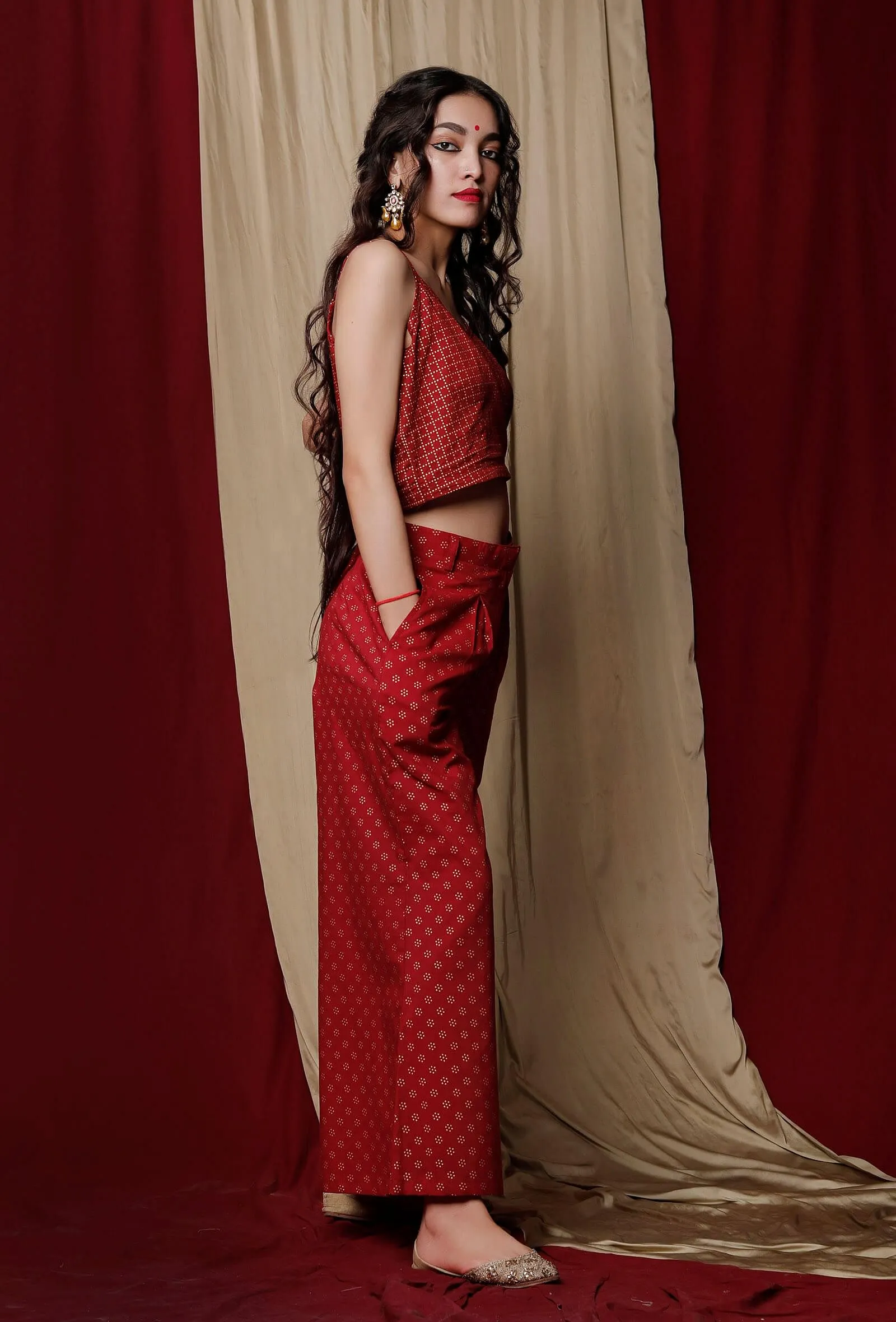 Maroon cotton Slip Top and Cotton Printed Pants