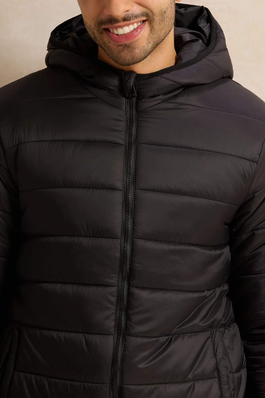 Men Black Long Sleeve Puffer Jacket