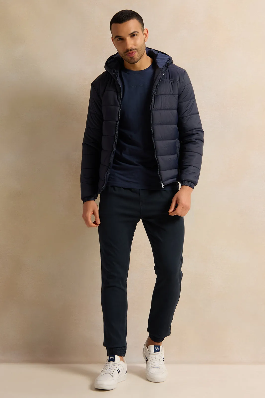 Men Navy Long Sleeve Puffer Jacket