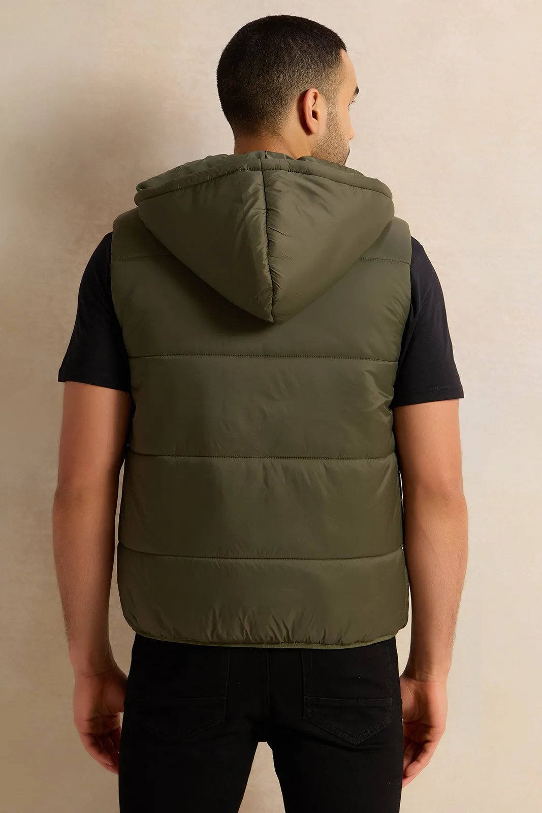 Men Olive Sleeveless Puffer Jacket