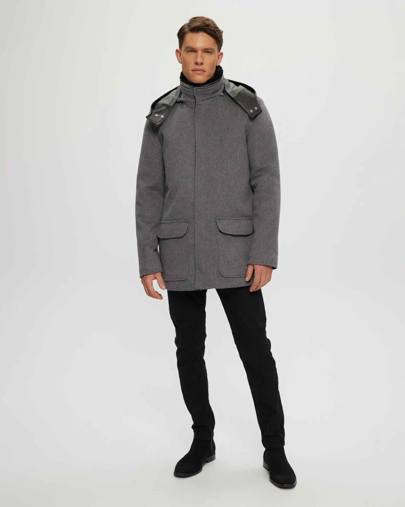 Men's Loro Piana Wool Parka with Detachable Hood and Merino Shearling Lamb Collar