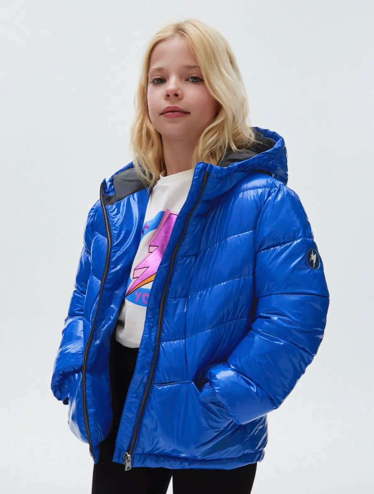 Metallic puffer jacket recycled fibers girl