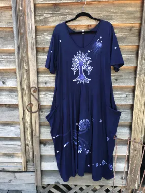 Midnight Moon Tree With Pockets - Short Sleeve Batik Dress - Size 2X