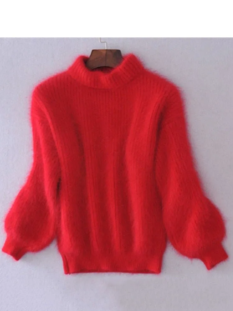 Mohair Turtleneck Sweater - Cozy, Loose-Fitting, Lantern Sleeves