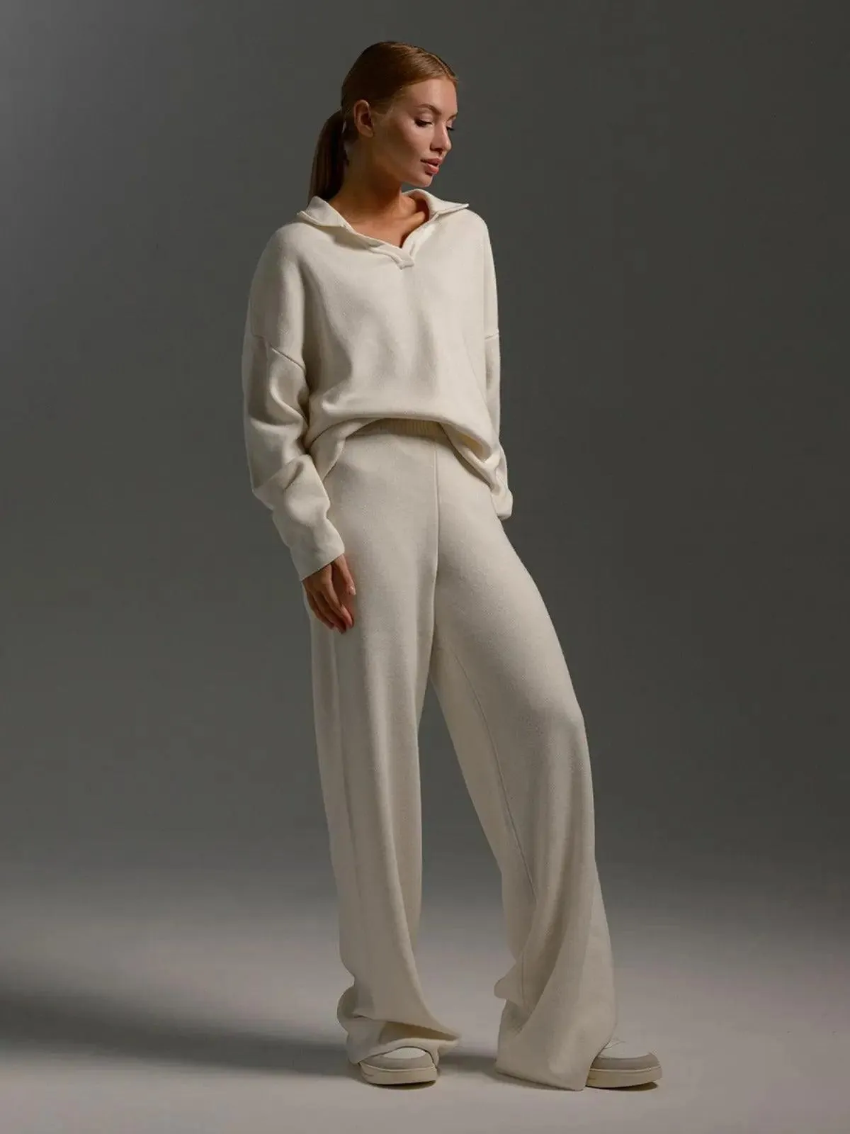 MS021 Knitted Suits Soft  Polo Neck Sweater & Wide Leg Pants 2 Pieces Sets