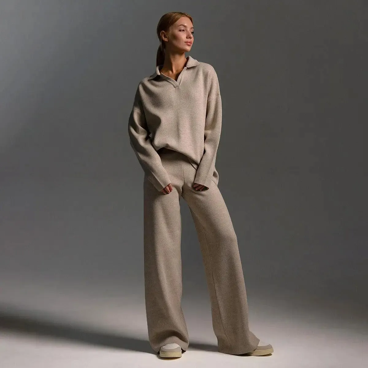 MS021 Knitted Suits Soft  Polo Neck Sweater & Wide Leg Pants 2 Pieces Sets