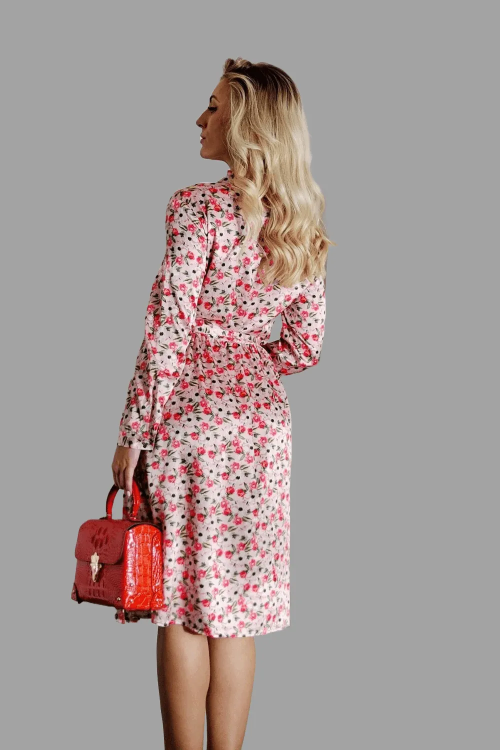 Mulberry Silk Midi Dress with long Sleeves and floral print in Soft Pink