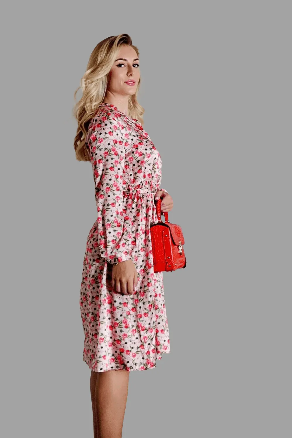 Mulberry Silk Midi Dress with long Sleeves and floral print in Soft Pink