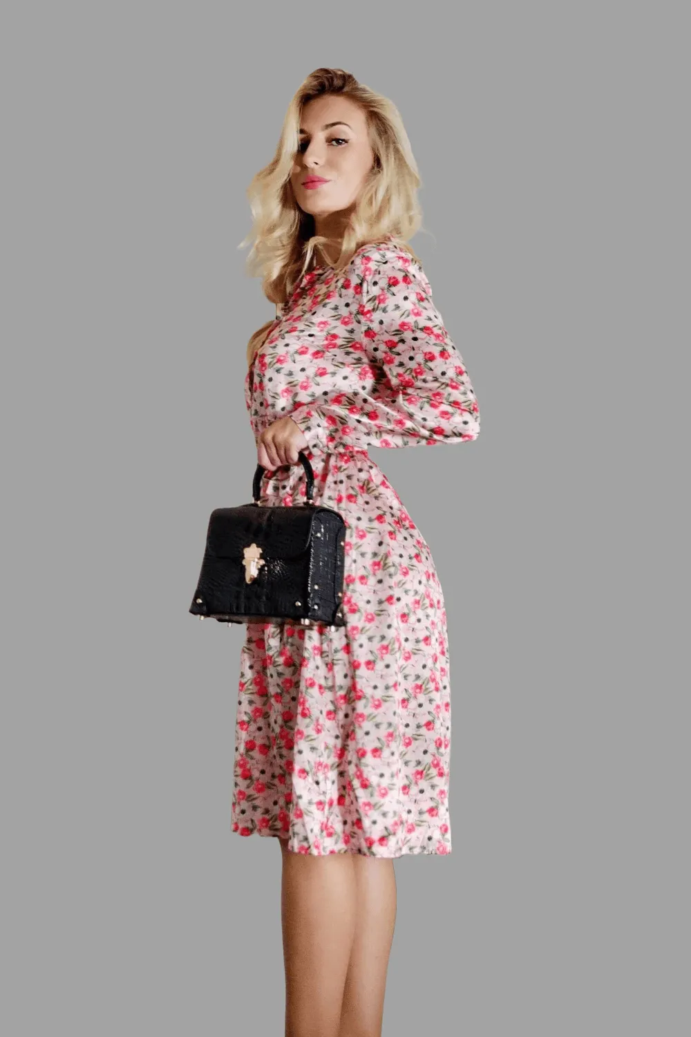 Mulberry Silk Midi Dress with long Sleeves and floral print in Soft Pink