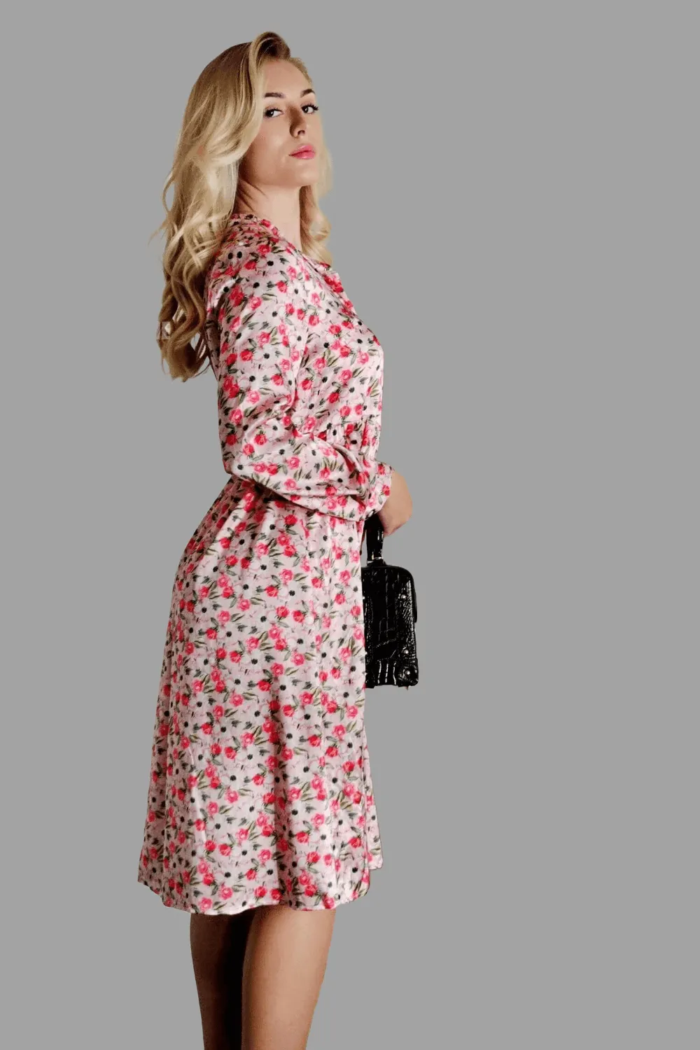 Mulberry Silk Midi Dress with long Sleeves and floral print in Soft Pink