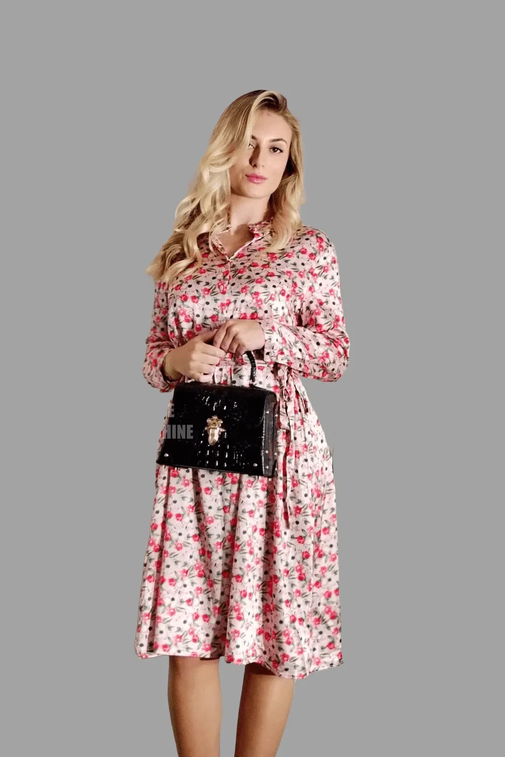 Mulberry Silk Midi Dress with long Sleeves and floral print in Soft Pink