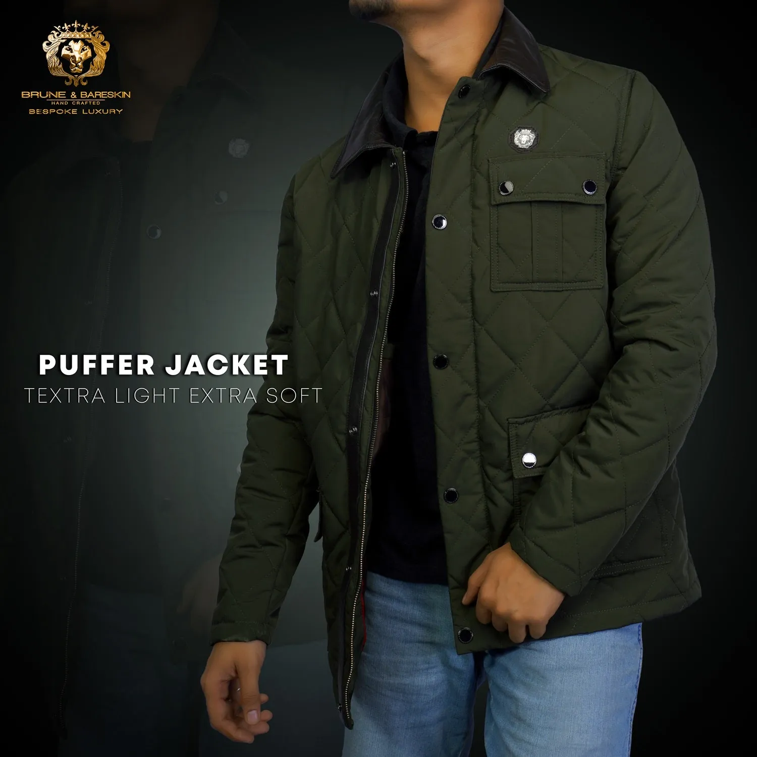 Multi Flap Pocket Green Puffer Jacket