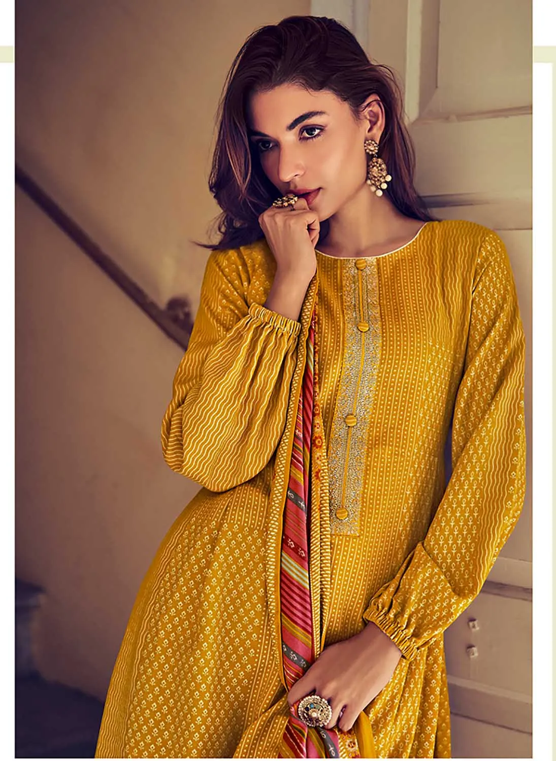 Mumtaz Arts Unstitched Yellow Pashmina Winter Suit with Embroidery