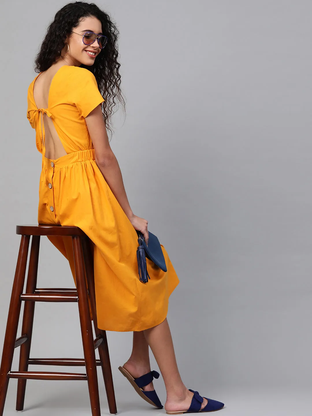 Mustard Back Placket Gathered Dress