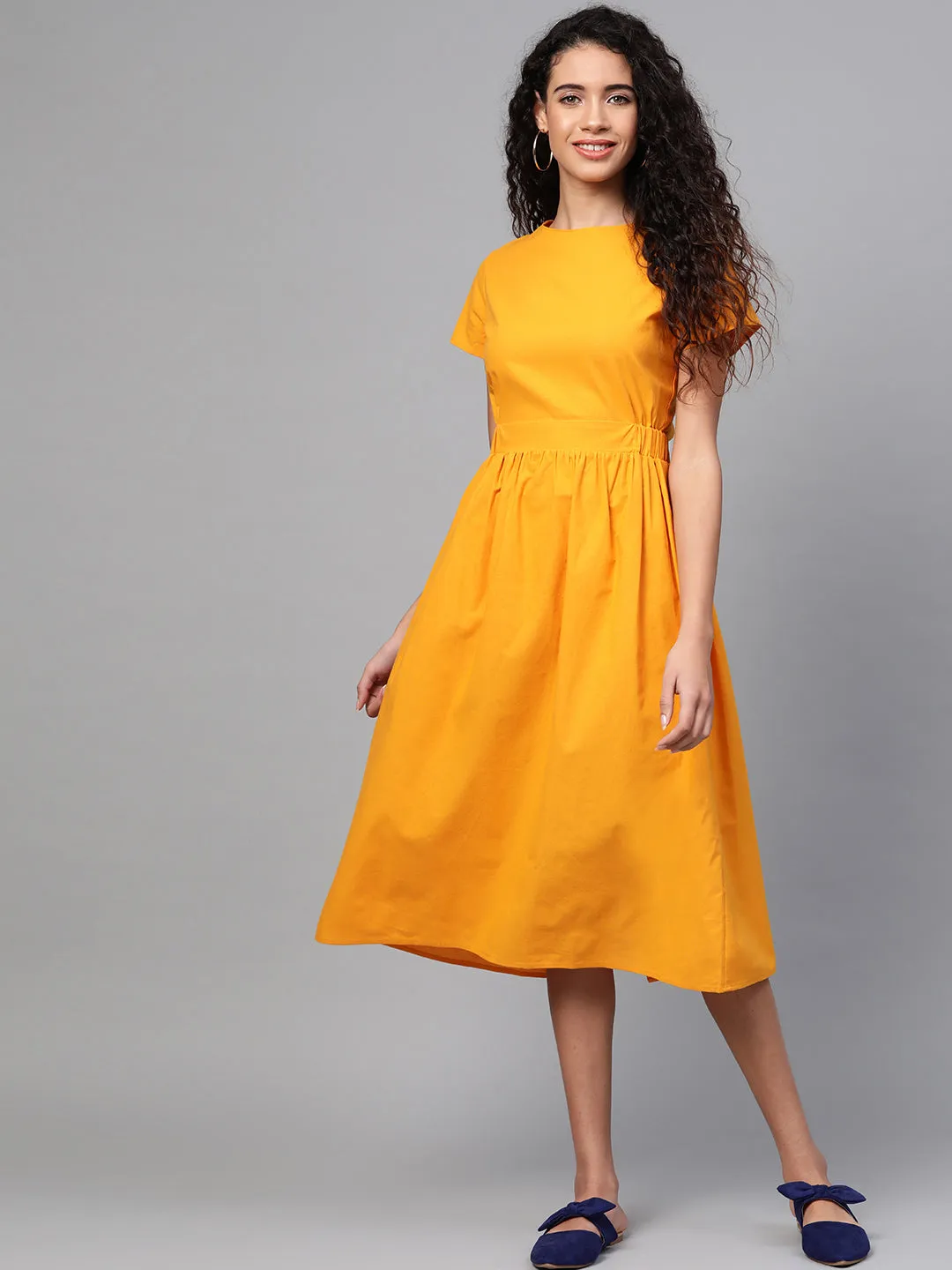 Mustard Back Placket Gathered Dress