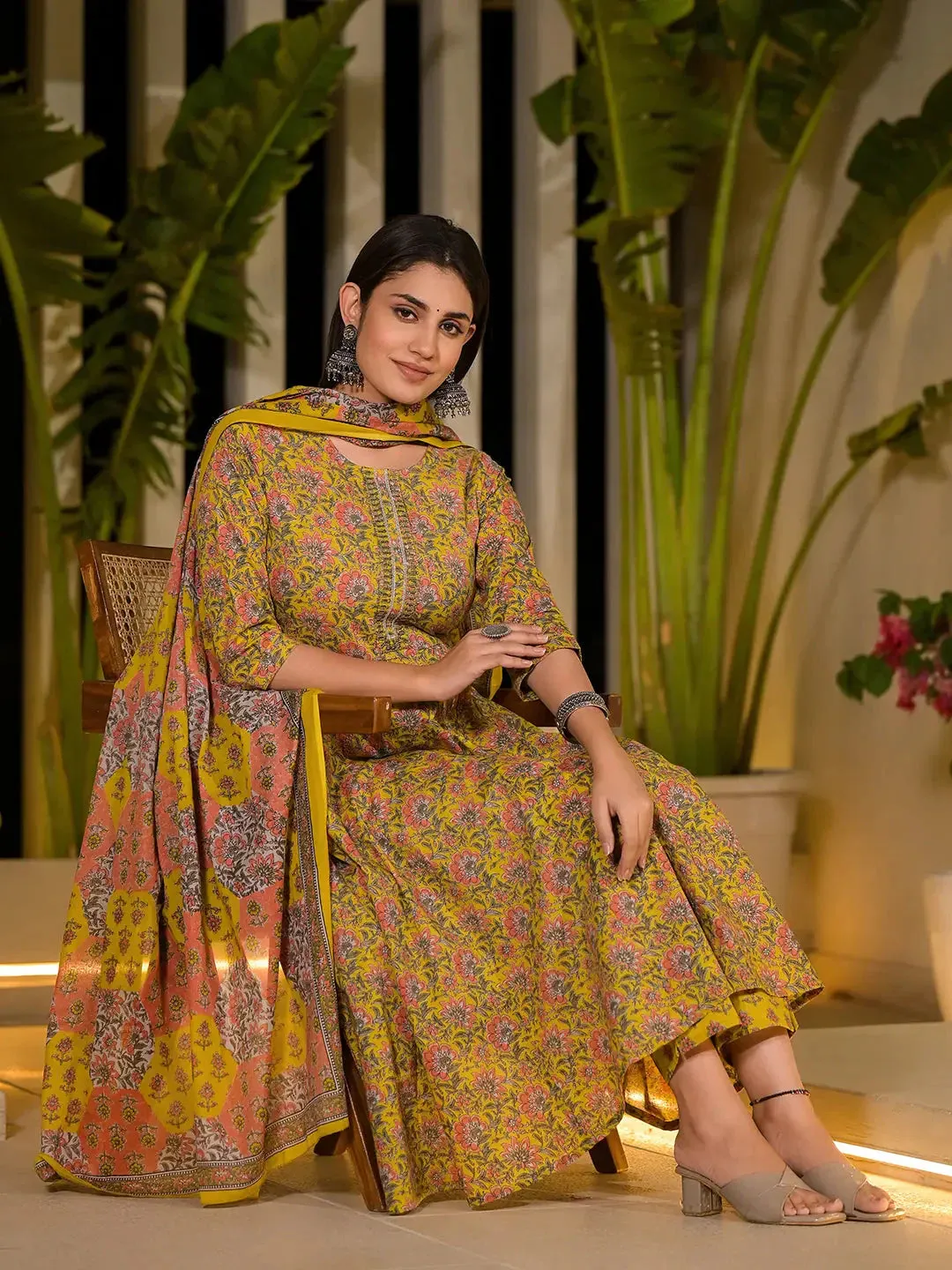 Mustard Cotton Thread Work Floral Print Anarkali Suit Set with Dupatta