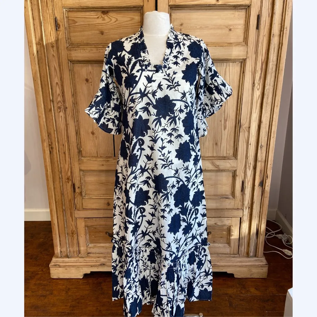 Navy & White Floral Flutter Sleeve Dress