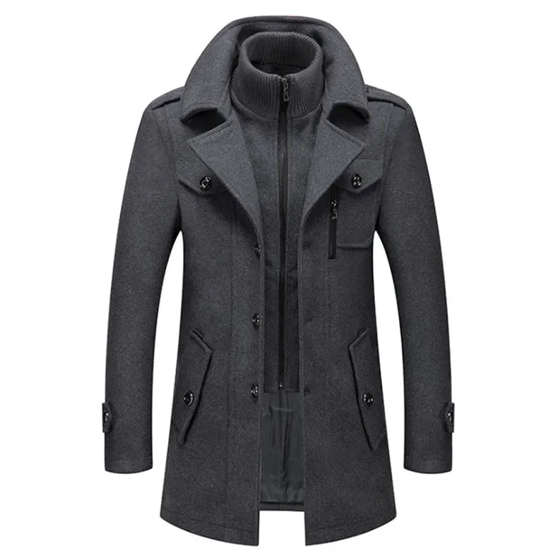 New Winter Wool Coat Men Fashion Double Collar Thick Jacket Single Breasted Trench Coat Men Casual Wool Blends Overcoats Men