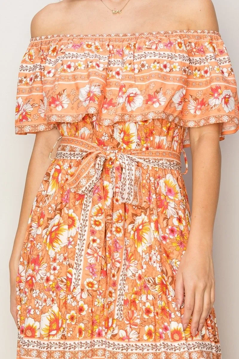 Off the Shoulder Orange Floral Maxi Dress