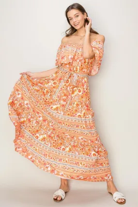 Off the Shoulder Orange Floral Maxi Dress