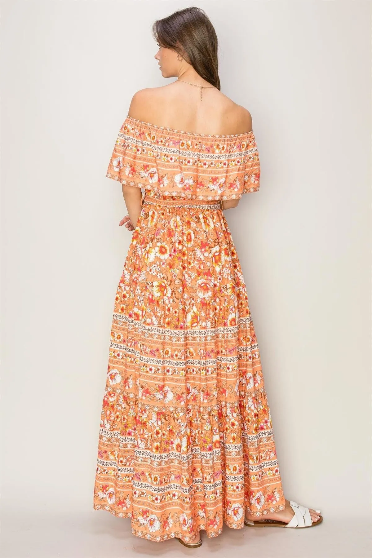 Off the Shoulder Orange Floral Maxi Dress